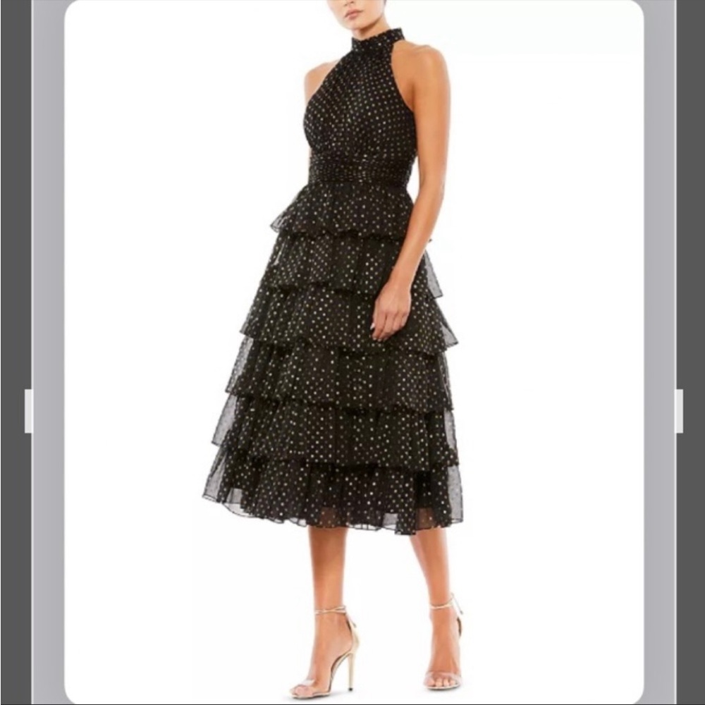 Mac Duggal Black Tiered Polka Dot Midi Dress - Picture 3 of 5